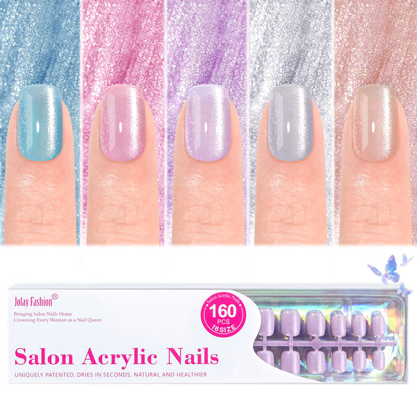 Square Press-On Nails Set, Cat Eye, 160 Pcs, High-Gloss Finish, Salon-Quality