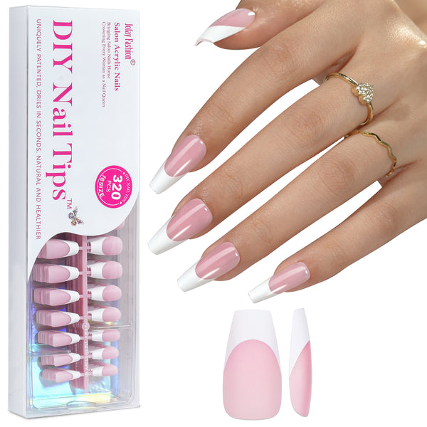 Jofay 320Pcs French Gel Nail Tips. 3-in-1 Pink, Long Square. 16 Sizes
