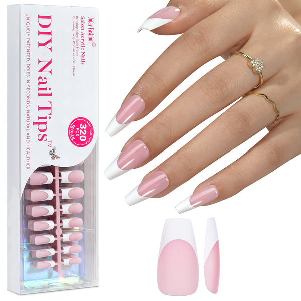 Jofay 320Pcs Pink French Coffin Nails. Extra Long Stiletto, 16 Sizes