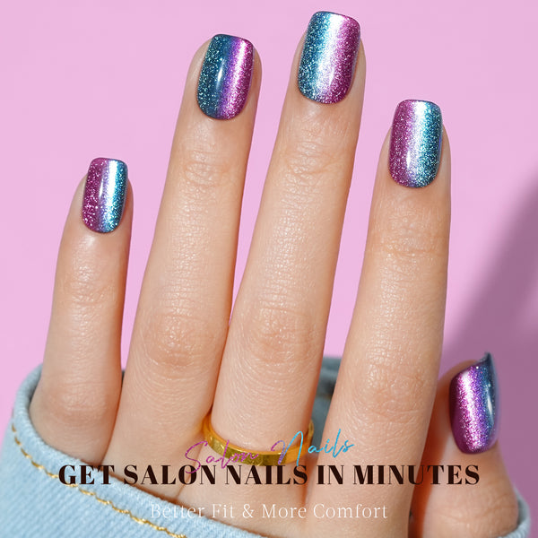 Iridescent Press-On Nails Set, Cat Eye, 32 Pcs, Special Occasions and Daily Wear