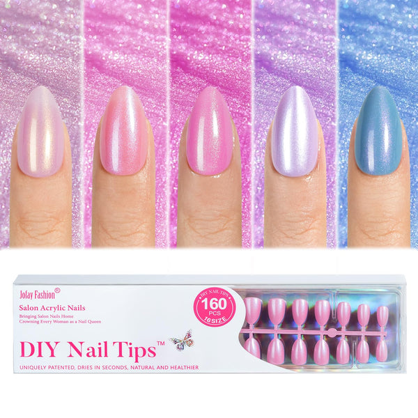 Press on Nails Mermaid - 5 Styles Press on Nails Short Almond, Brighter Pastel Mermaid Nails, Stick On Nails in 16 Sizes -160PCS Soft Gel Fake Nails Kit