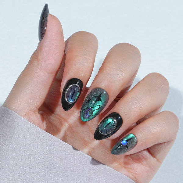 Almond Press On Nails Halloween - Witch’s Curse, Chameleon Cat Eye Effect Halloween Nails in 16 Sizes - 32 PCS Soft Gel Kit
