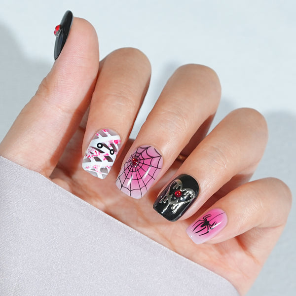 Halloween Press On Nails Short - Mummy’s Crypt, Black Pink Press On Nails Halloween with Spider Web  in 16 Sizes - 32 PCS Soft Gel Kit