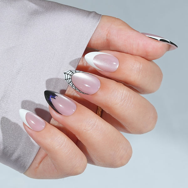 Almond Halloween Press On Nails - Batweb Spell, French Tip Press On Nails Cat Eye in 16 Sizes - 32 PCS Soft Gel Kit