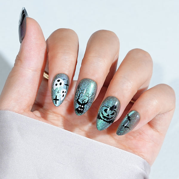 Halloween Press On Nails Short Almond - Haunted Harvest, Green Cat Eye Halloween Nails  in 16 Sizes - 32 PCS Soft Gel Kit