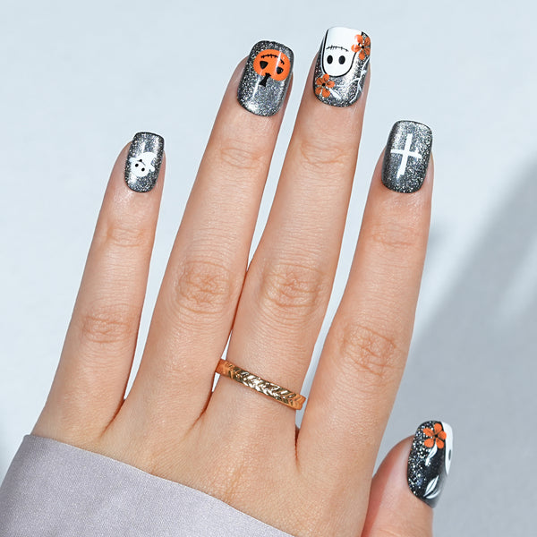 Halloween Press On Nails - Pumpkin Specter, Gray Cat Eye Halloween Nails in 16 Sizes - 32 PCS Soft Gel Kit